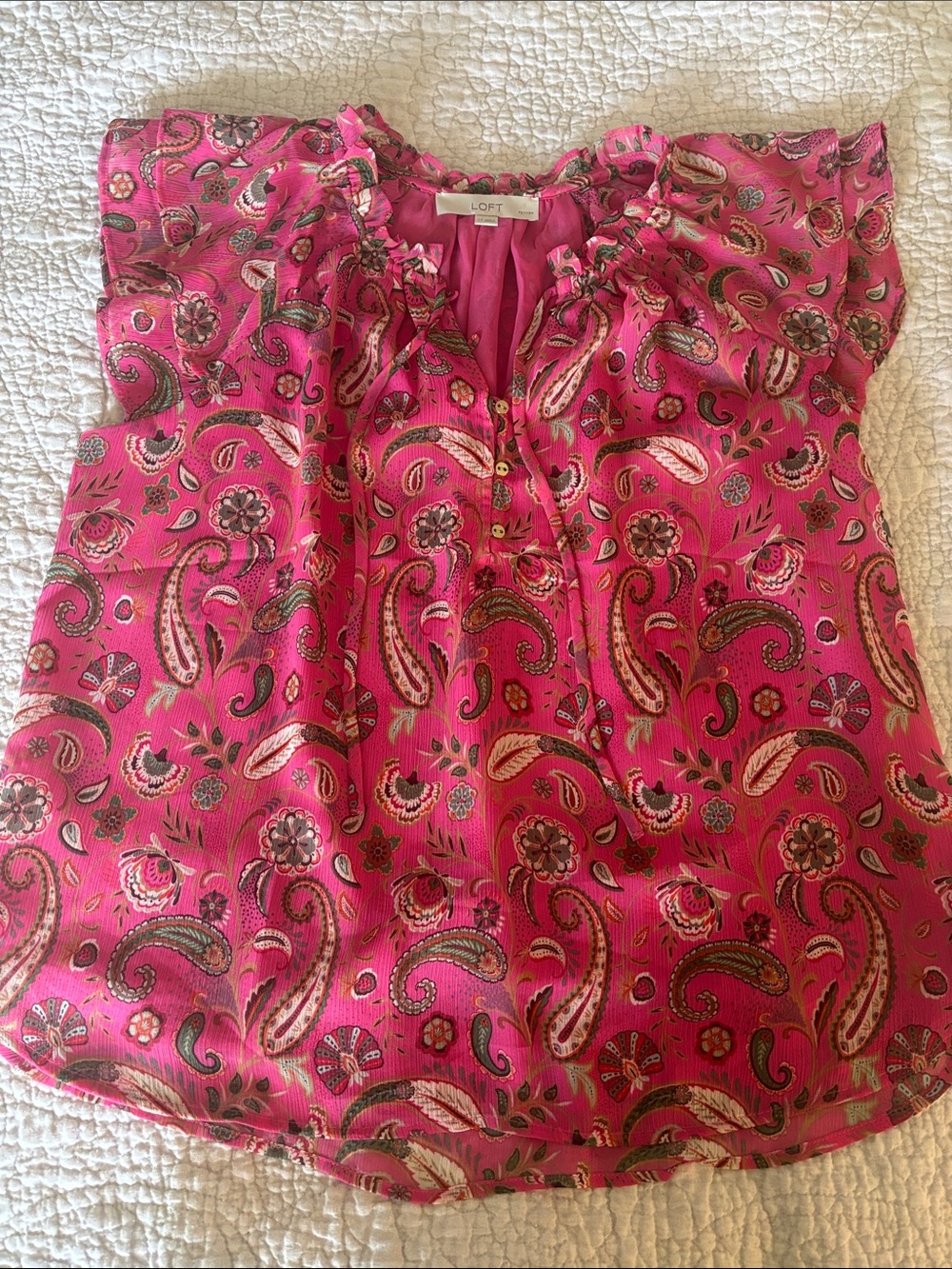 LOFT Fuchsia Paisley Ruffle-Neck Flutter Sleeve Top, large petite